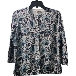 LOFT Floral Cardigan‎ Sweater Button Front 3/4 Sleeve Blue White XL thumbnail 1