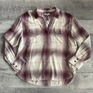 Madewell NEW Long Sleeve Flannel Popover Shirt Womens XL Plaid Burgundy Tunic thumbnail 3