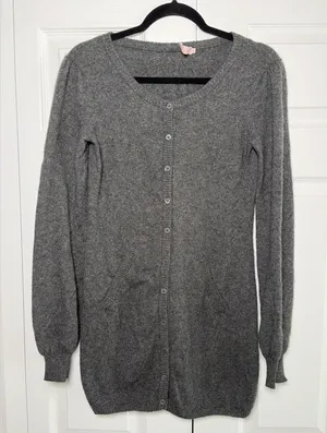 T Luxury Longline Cardigan‎ Womens M Gray Cashmere Button Front Pockets Soft thumbnail 1