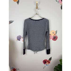 Pilcro from Anthropologie Black Henley Striped Ribbed Long Sleeve - Size - XS thumbnail 6