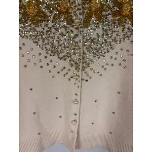 Moda International Cardigan Womens M Beige Silk Sequin Beaded Star thumbnail 9