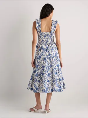 Quince Riviera Blue Heirloom Floral Cotton Poplin Smocked Tiered Midi Dress L thumbnail 5