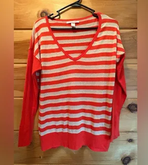 Victoria Secret Women's V-Neck Sweater Orange Tan Striped Size Medium thumbnail 2
