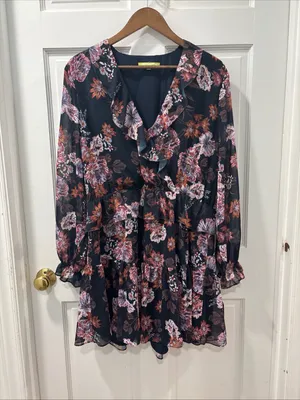 Gianni Bini Women’s Heidi Ruffle Mini Dress Size XL Navy/Rose Floral NWT thumbnail 3