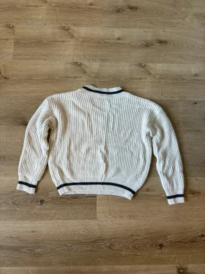 Cream Ribbed V Neck Sweater with Navy Blue Trim thumbnail 5