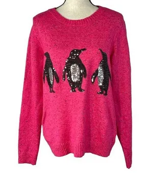 Karen Scott Large Penguin Sweater Sequin Crew Neck Long Sleeve Stretch Pink New thumbnail 1
