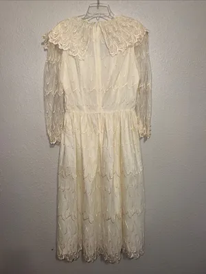 vintage 1980s cream lace midi dress romantic, Victoriana-inspired aesthetic thumbnail 2