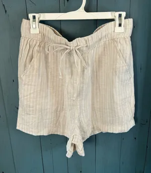Time and Tru Cream Striped High Waist Linen Blend Drawstring Shorts. | Medium thumbnail 1