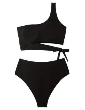 Chic One Shoulder Black Asymmetric Bikini Set Adjustable Tie Side Medium Stretch Size Xl thumbnail 2