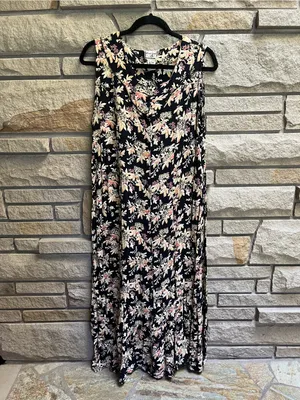 Vintage April Cornell Floral V-Neck Sleeveless Maxi Dress Black/Pink Medium thumbnail 2