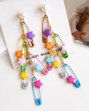 Colorful Stars Pins Pearl Stud Drop Earrings thumbnail 1