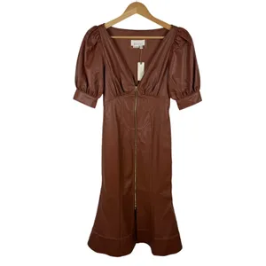 NWT By Anthropologie Vegan Leather Puff Sleeve Zip Front Midi Dress Size 2 Brown thumbnail 2
