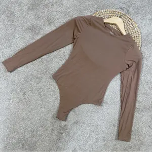 Pumiey Brown Crew Neck Long Sleeve Bodysuit Second-skin Feel Tops in Latte S thumbnail 3