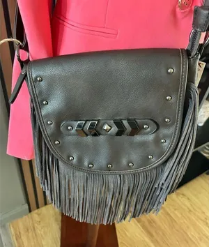 Brown fringe faux leather crossbody bag - new western country outfit hobo hippy thumbnail 1