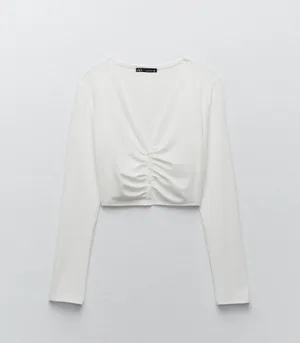 ZARA White Ruched Crop Top thumbnail 1