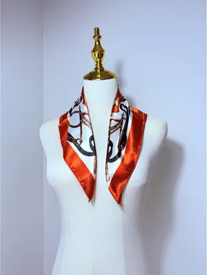 Women's Square Scarf Satin Equestrian Print Logo Orange White Brown thumbnail 2