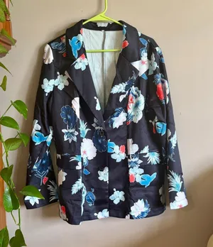 Women’s Large Black Floral Blazer Blue Red White Tropical Print Jacket thumbnail 1