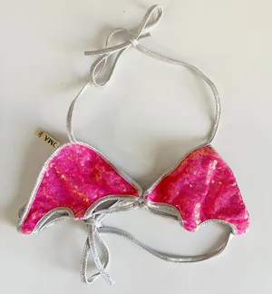 Roma Womens Hot Pink Sequin Scalloped Batwing Festival Rave Bikini Top Size S thumbnail 1