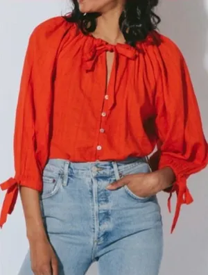 Cleobella Rylan Red Organic Cotton Coastal Preppy Tie Neck Button Up Blouse S thumbnail 1
