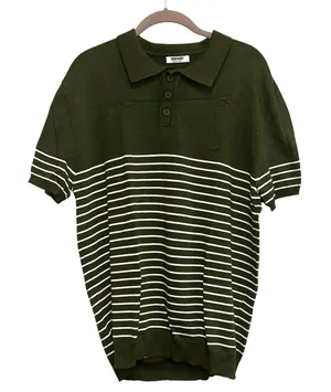 Polo Shirt Large‎ Green White Stripe Knit Casual Short Sleeve Preppy thumbnail 1