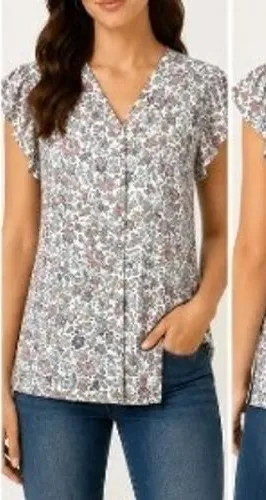 Loft Womens Size Large Blouse Short Flutter Sleeve Button Front Floral Butterfly thumbnail 1