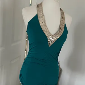 Stunning Teal Blue Y2K Halter Top with Gold Sequins thumbnail 3