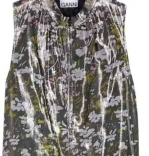 Ganni Floral print silk blend Metallic top Olive Green size 6 thumbnail 9