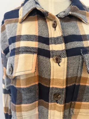 Sanctuary Plaid Jean Shacket in Navy, Tan and Cream Sz L thumbnail 4