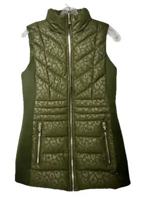 Michael‎ Kors Women's Quilted Trim Puffer Vest Size XS Green Cheetah No Hood thumbnail 1
