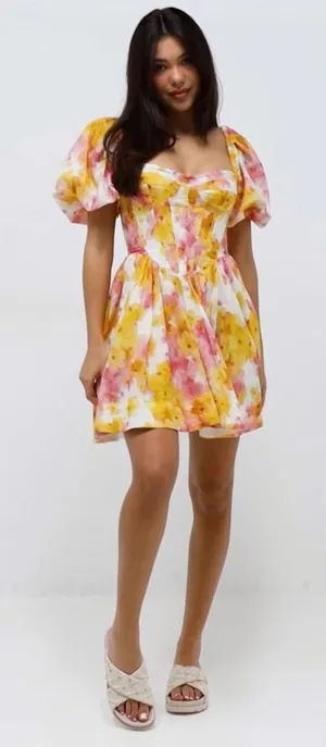 Bardot Aliah Floral Puff Sleeve Corset Mini Dress Regencycore Womens Sz L / US 8 thumbnail 1