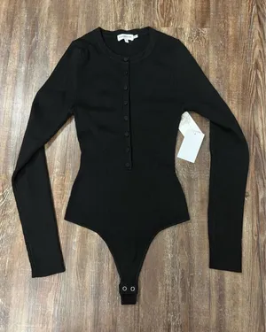NWT Good American Black Henley Button-down Ribbed Bodysuit Size 1/Small Preppy thumbnail 1
