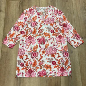🌟Roller Rabbit🌟 Kurta Floral Print Cotton Tunic Blouse Pink Sz S thumbnail 3