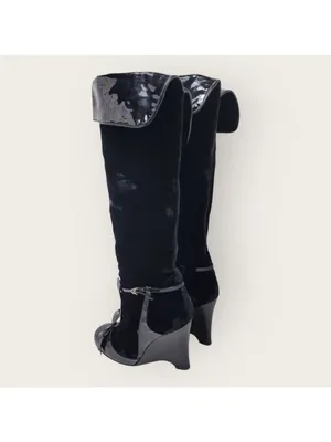 Laurence Dacade Velvet Patent Leather Bow Knee High Wedge Heels Boot Size 38 thumbnail 2