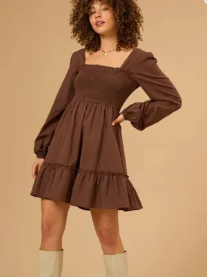 Altar'd State Brown Smocked Square-Neck Mini Dress thumbnail 1