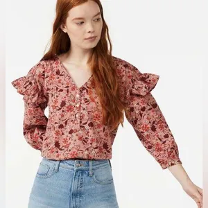 100% cotton pink rose floral oversized ruffle top size XS NWOT thumbnail 1