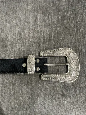 Western Leather Black Calf Hair Studded Rhinestone Embellished Statement Belt thumbnail 2