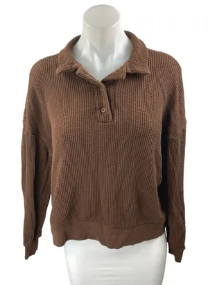 Set Active Women's Brown Long Sleeve Waffle Knit Thermal Polo Sweater Top Size L thumbnail 1