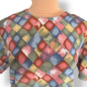 Vintage Blouse Harlequin Checkered Print Padded Shoulders Pastel Color‎ Diamond thumbnail 3