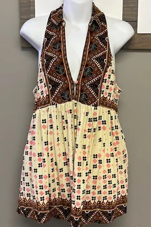 Free People Sleeveless Collared Boho Flowy Key Hole Tank V-Neck Tunic- Medium thumbnail 1