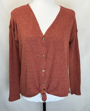 American Eagle Crop Top Sz XS Burnt Umber Ribbed Knit Button up VNeck Tie Front thumbnail 1