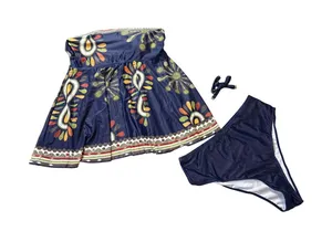 Navy Blue Paisley Floral Print Swim Dress Two Piece Bikini Set 1XL D1987-52 thumbnail 1