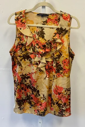 Y2K Anne Klein Floral Ruffle V-Neck Sleeveless Blouse Orange Yellow Womens Large thumbnail 1
