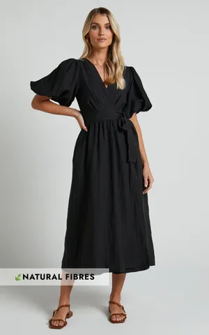 New SHOWPO Amalie The Label - Franc 100% Linen Puff Sleeve Wrap Midi Dress XL thumbnail 6