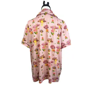 Haute Dreamz Mushroom Print PJ Top XL Pink Button Down Short Sleeve Sleepwear thumbnail 3