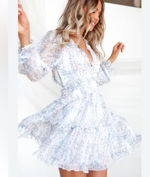 Hello Molly blue Floral Tiered Cutout Dress long sleeve flowy babydoll XS thumbnail 1