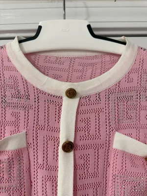 Women’s Pink Short-Sleeve Knit Cardigan with White Trim Gold Buttons thumbnail 2