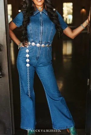 NEW Lucky & Blessed Denim Stretchy Short Sleeve Zip Up Flare Leg Jumpsuit XS thumbnail 1