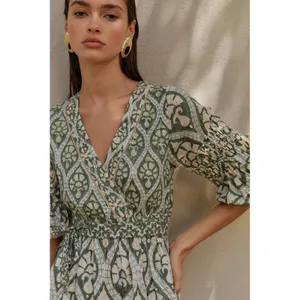 Anthropologie‎ Ash Eden Women 100% Cotton Mini Wrap Dress XS Green Cottage Party thumbnail 5