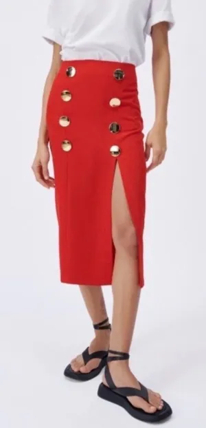 Zara Red High Waisted Midi Skirt Gold Buttons Front Slit Size Small thumbnail 1