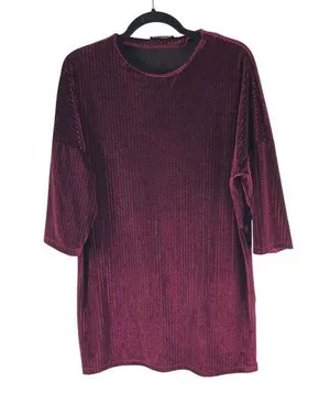 Zara W&B Mini Shift Dress Velvet Burnout Geometric Burgundy M thumbnail 1